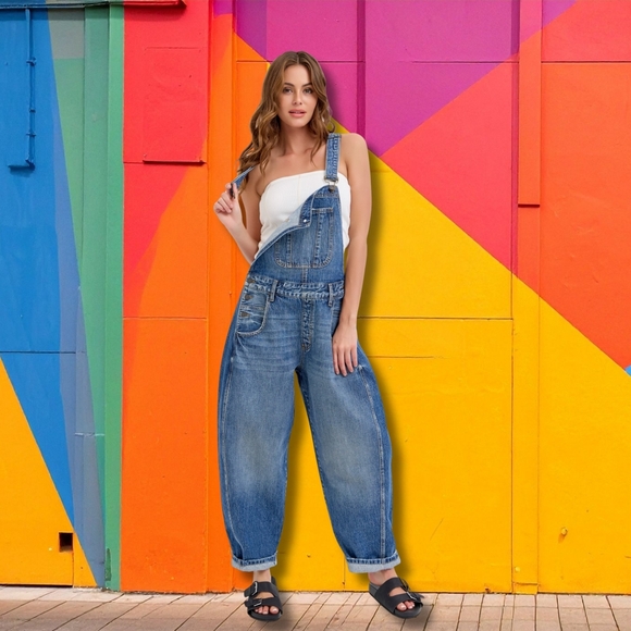 Cello Pants - Cello Denim The Devin Mid Waisted Barrel Overall - Dark Wash Medium